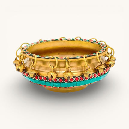 Decorative Brass Urli with Blue and Red stone work