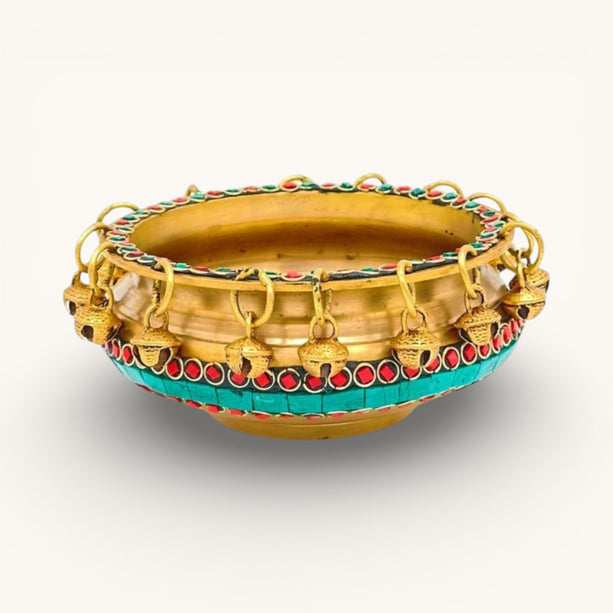 Decorative Brass Urli with Blue and Red stone work