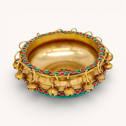Decorative Brass Urli with Blue and Red stone work