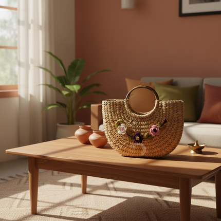 Eco-Friendly Woven Handmade Basket with Floral Embroidery