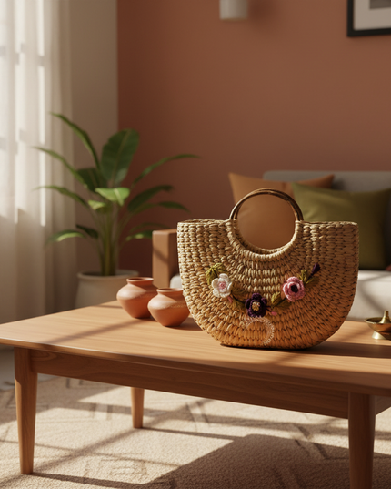 Eco-Friendly Handmade Basket with Pink Floral Embroidery