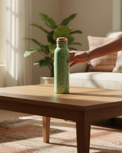 Green Meenakari Printed Copper Bottle