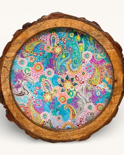 Meenakari Print Wooden tray with Natural Bark Edges
