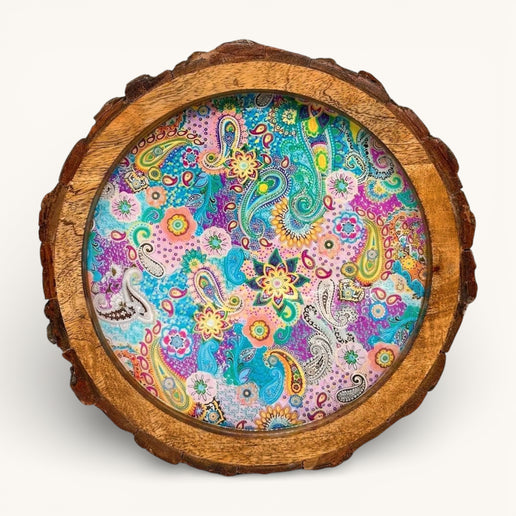 Meenakari Print Wooden tray with Natural Bark Edges