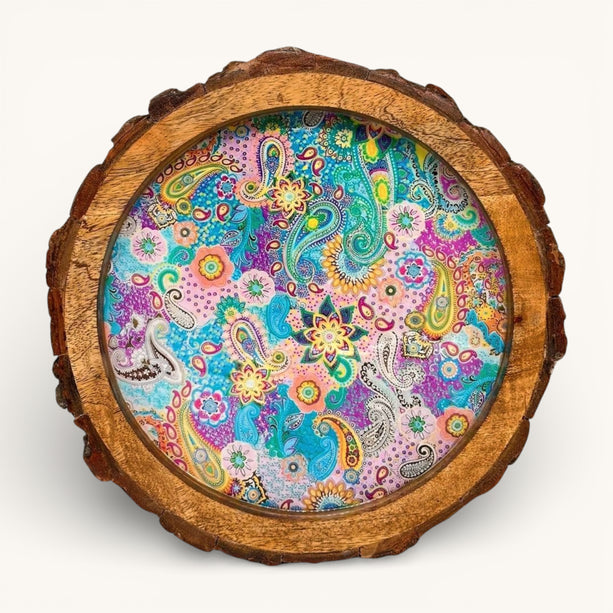 Meenakari Print Wooden tray with Natural Bark Edges