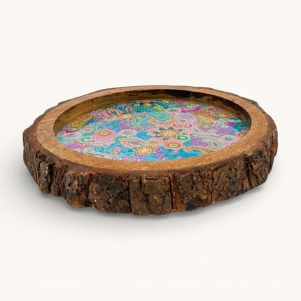 Meenakari Print Wooden tray with Natural Bark Edges
