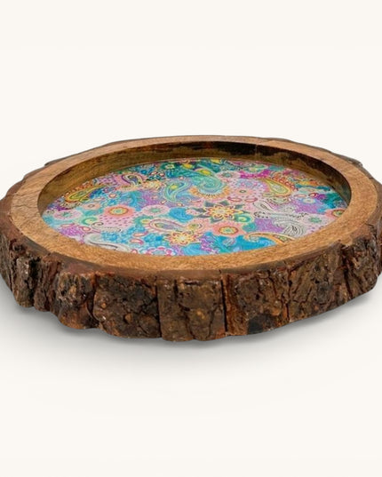 Meenakari Print Wooden tray with Natural Bark Edges