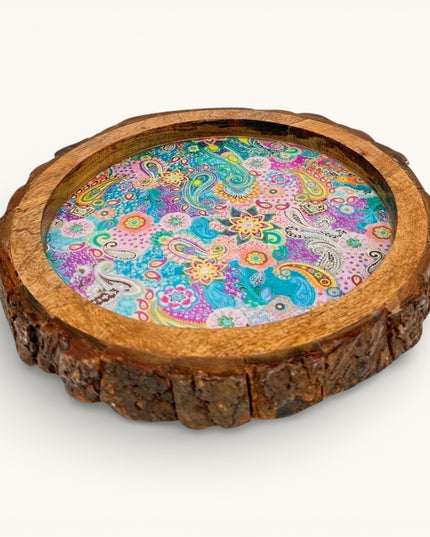 Meenakari Print Wooden tray with Natural Bark Edges