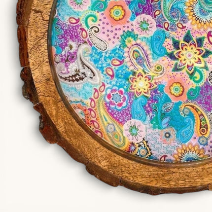 Meenakari Print Wooden tray with Natural Bark Edges