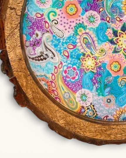 Meenakari Print Wooden tray with Natural Bark Edges