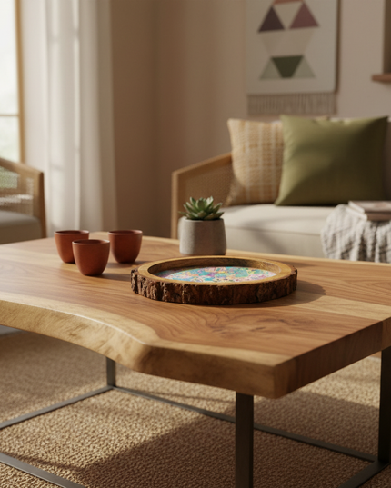 Meenakari Print Wooden tray with Natural Bark Edges