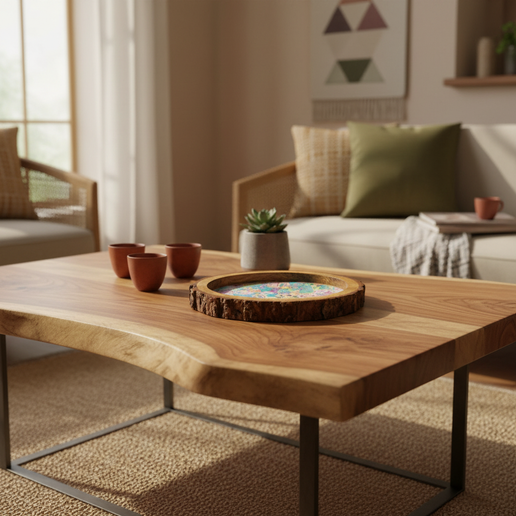 Meenakari Print Wooden tray with Natural Bark Edges