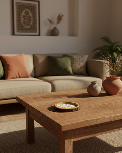 Rustic Floral Print Wooden Tray with Natural Bark Edges