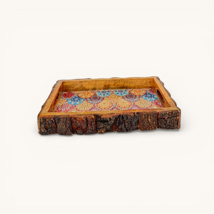 Rustic Printed Wooden Tray with Natural Bark Edges (Rectangular)