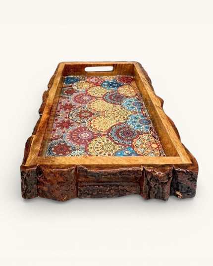 Rustic Printed Wooden Tray with Natural Bark Edges - Rectangular Shape