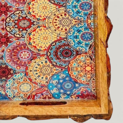 Rustic Printed Wooden Tray with Natural Bark Edges (Rectangular)