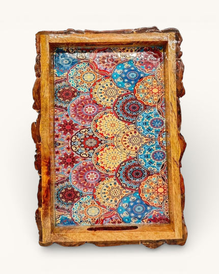 Rustic Printed Wooden Tray with Natural Bark Edges - Rectangular Shape