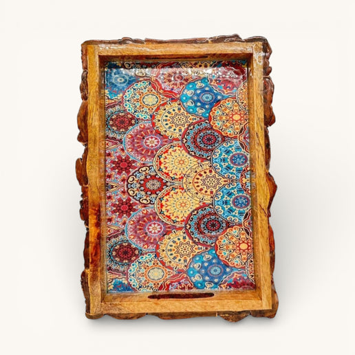 Rustic Printed Wooden Tray with Natural Bark Edges - Rectangular Shape